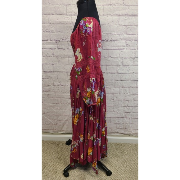 Free People Floral Smocked Midi Dress Burgundy Red XL/XS New With Flaws - Picture 3 of 15